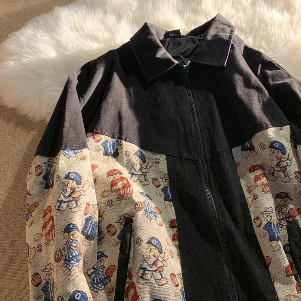 NUZIRO  Áo khoác bóng chày  dáng rộng thêu hình gấu phong cách retro