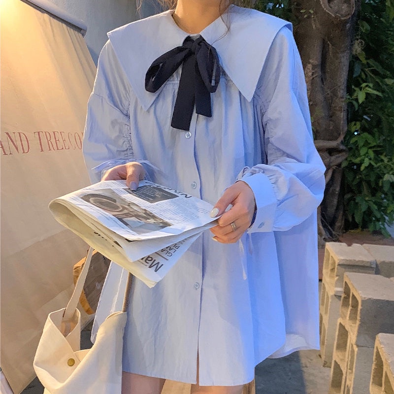 Váy sơ mi xanh cổ nơ | BigBuy360 - bigbuy360.vn