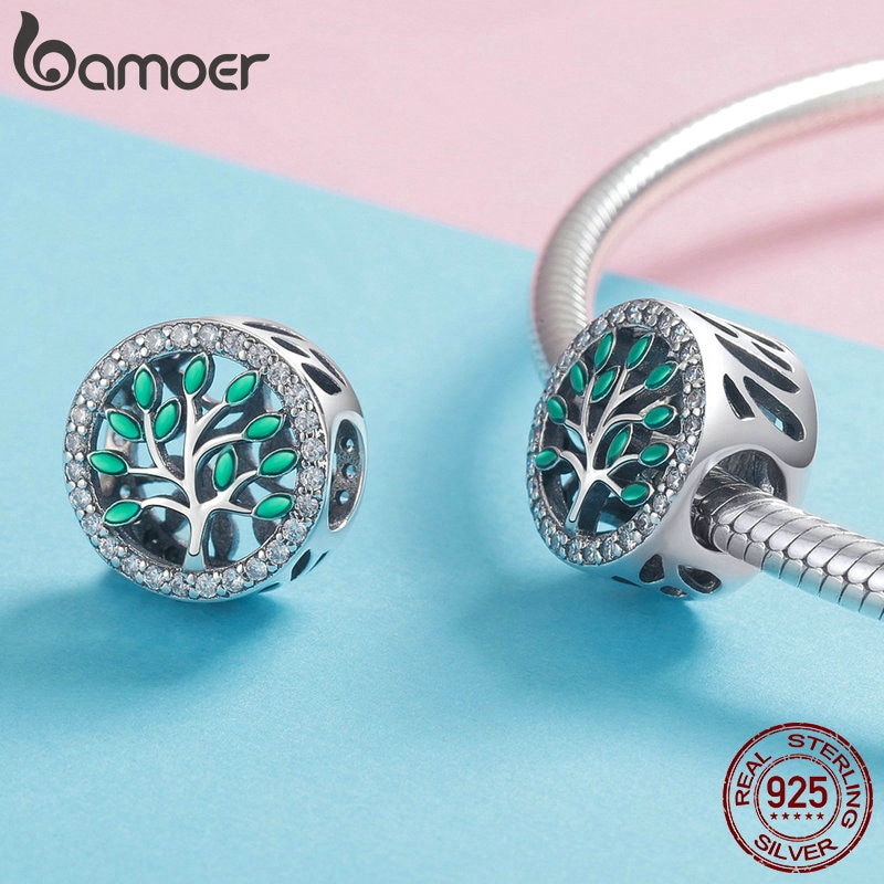 Hạt phụ kiện Bamoer SCC1095 bạc 925 kiểu cây sinh mệnh đính hạt đá CZ làm trang sức thủ công