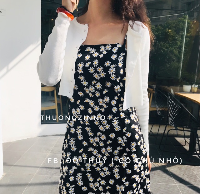 [Ảnh thật/Video] Váy 2 dây hoa cúc 2 màu đen/tím - đầm 2 dây hoa nhí ( có bán áo len mỏng khoác ngoài) | BigBuy360 - bigbuy360.vn