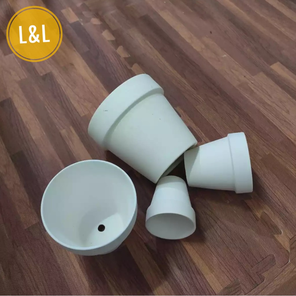 Bộ 3 chậu đất nung vành miệng trắng xinh xắn trồng cây cảnh để bàn, cây cảnh mini, sen đá, xương rồng
