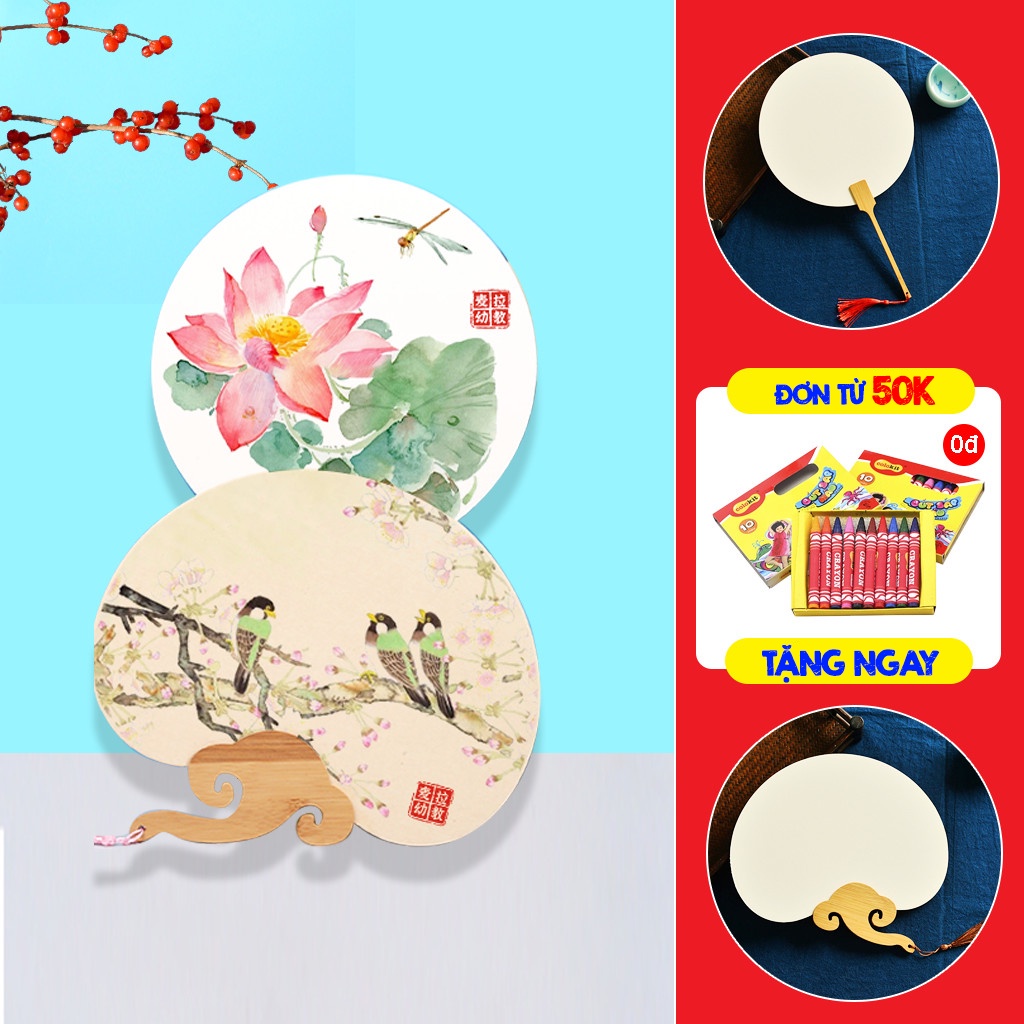 Quạt cổ trang cầm tay Trung Quốc hình tròn/ đám mây, quạt giấy cổ trang cứng cáp tự vẽ thoả sức sáng tạo