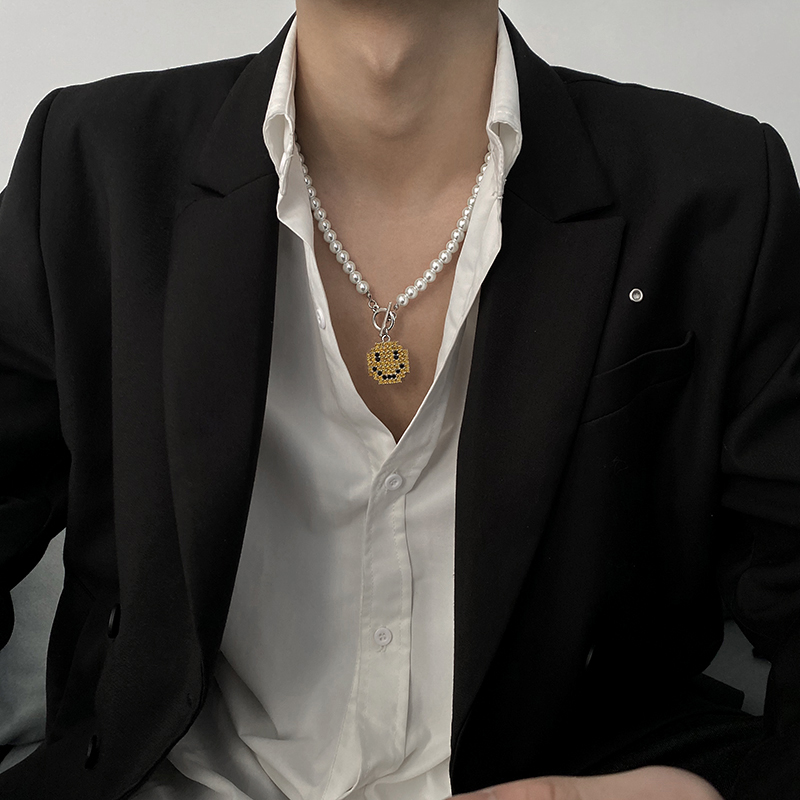 Dây chuyền ngọc trai mặt cười phong cách hip hop Nhật Bản