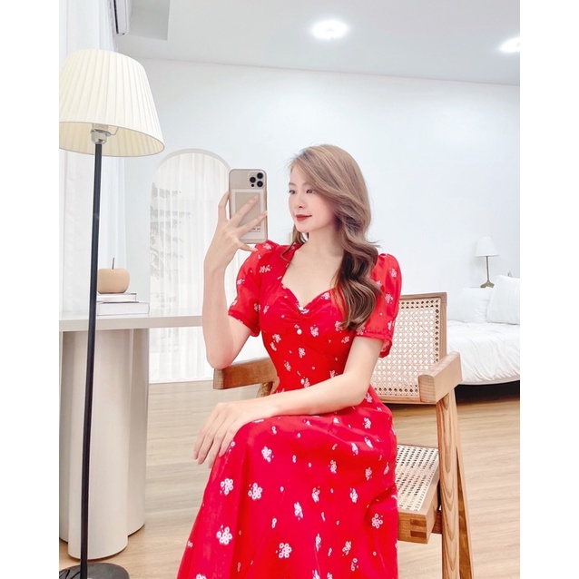 ĐẦM ĐỎ HOA NHÍU NGỰC MIDI