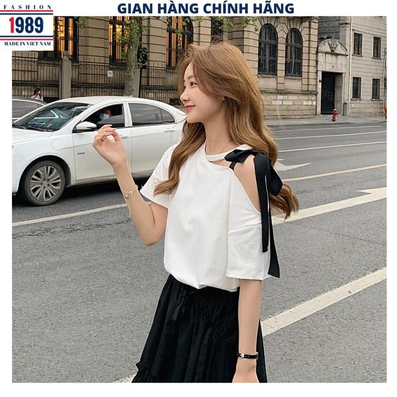 Áo thun nữ khoét vai buộc nơ kiểu dáng hàn quốc cực xinh choker ulzzang -PHƯƠNG VŨ 1989