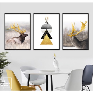 Bộ 3 Tranh in Canvas Hươu Sừng Vàng (Hình thật tại xưởng - Đã có khung, móc, đinh treo) - The Canvas House