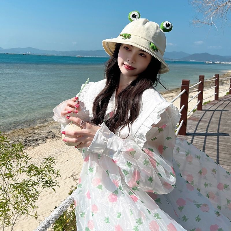 Bản con ếch dễ thương Mũ của ngư dân,Chất liệu cotton tinh khiết, dễ phối với áo chống nắng và che nắng