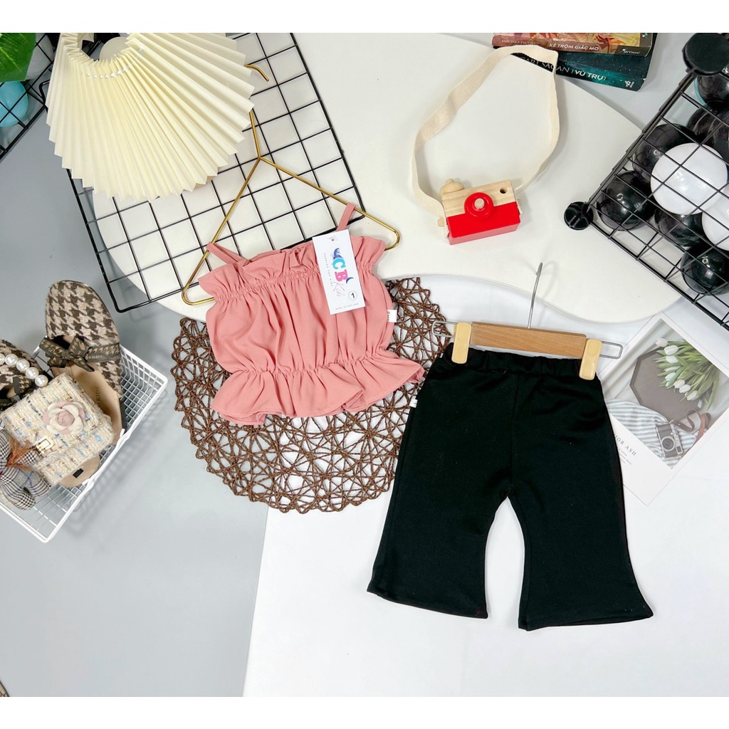 Bộ 2 dây kèm quần loe bé gái, set áo 2 dây chun hàn phối quần lửng loe tôn dáng cho bé