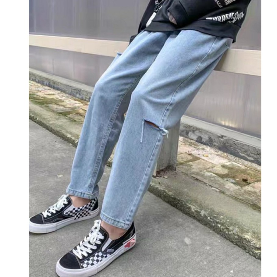 Quần baggy xanh nam nữ rách cạnh , dáng suông , ống rộng , không phai màu phong cách Hàn Quốc | BigBuy360 - bigbuy360.vn