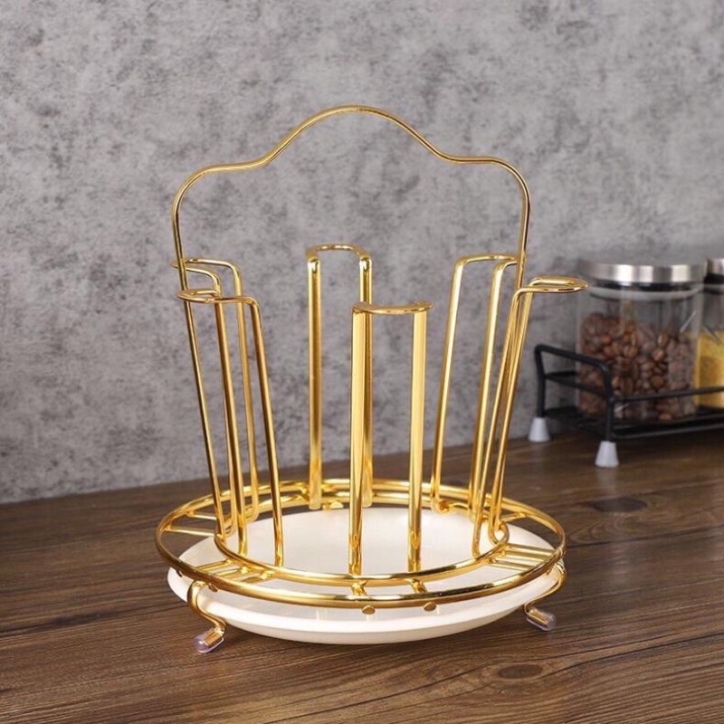 Giá úp cốc tròn mạ vàng, khay úp 6 cốc kèm khay hứng