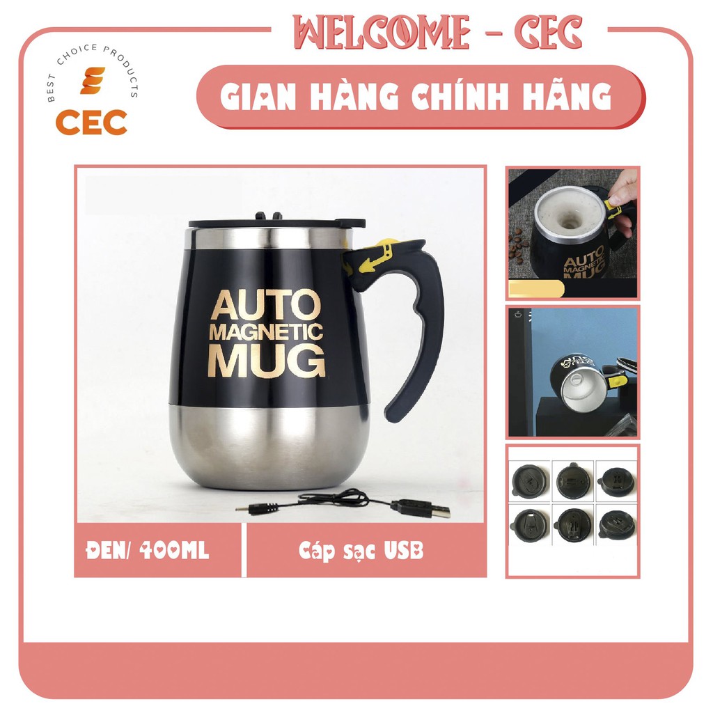 Cốc tự khuấy Sạc Pin USB - Ly Inox cao cấp 400mL tự động quay trộn đều Cafe Sữa Trà Nước Thông minh CS02