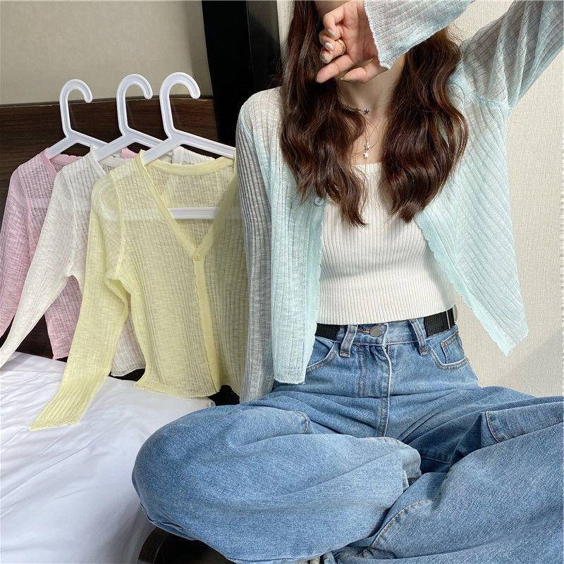 Áo Cardigan Dệt Kim Lụa Lạnh Mỏng Cổ Chữ V Tay Dài Chống Nắng Phong Cách Thời Trang Mới Dành Cho Bạn Nữ 2022
