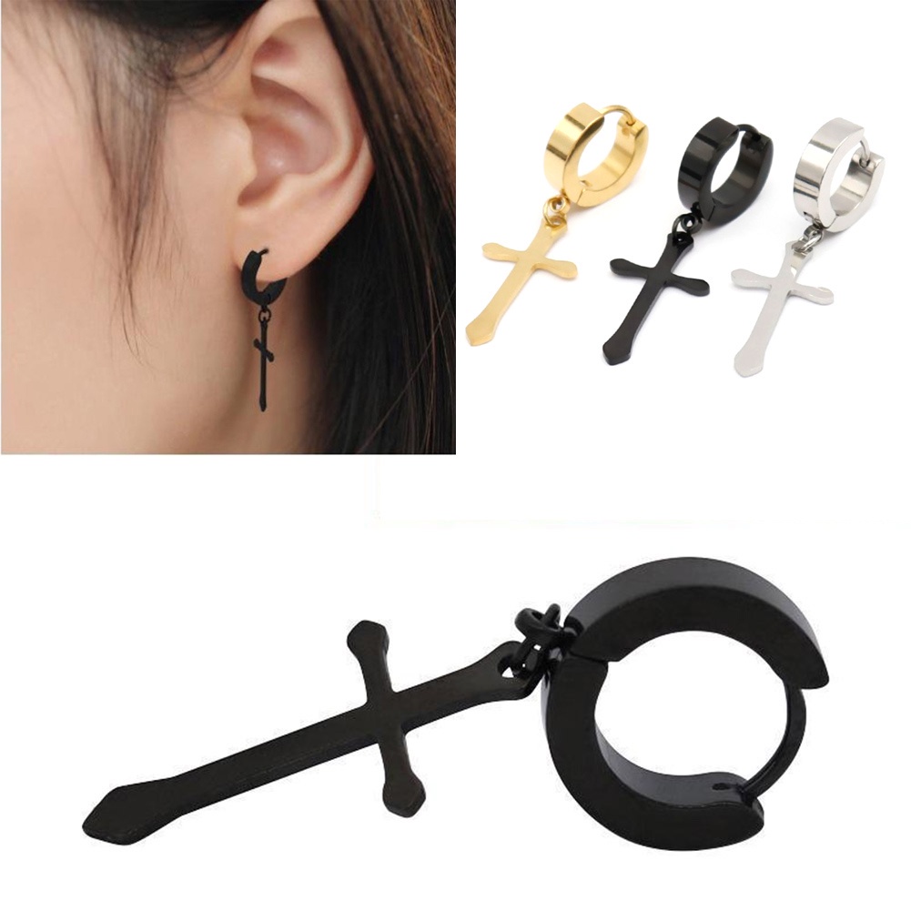 Khuyên tai thép titan hình thánh giá độc đáo thời trang unisex