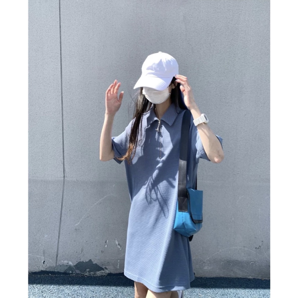 Váy Polo dáng suông kéo khóa chất thun xốp Váy suông có khóa kéo ngắn tay cổ đứng chất thun xốp lạ mắt cá tính