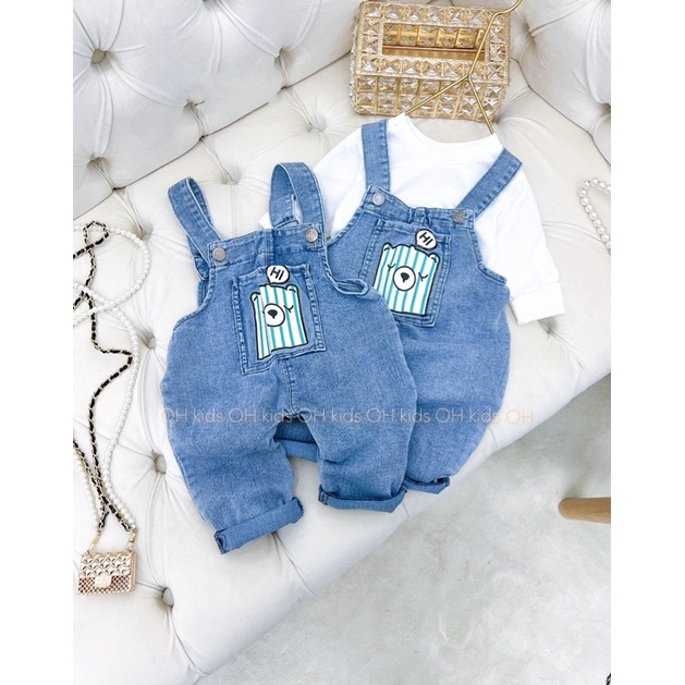 SETB21 - SETB22 Yếm Jean Kèm Áo Thun Cotton Dài Tay In Gấu - mickey Cho Trẻ 6kg Đến 15kg