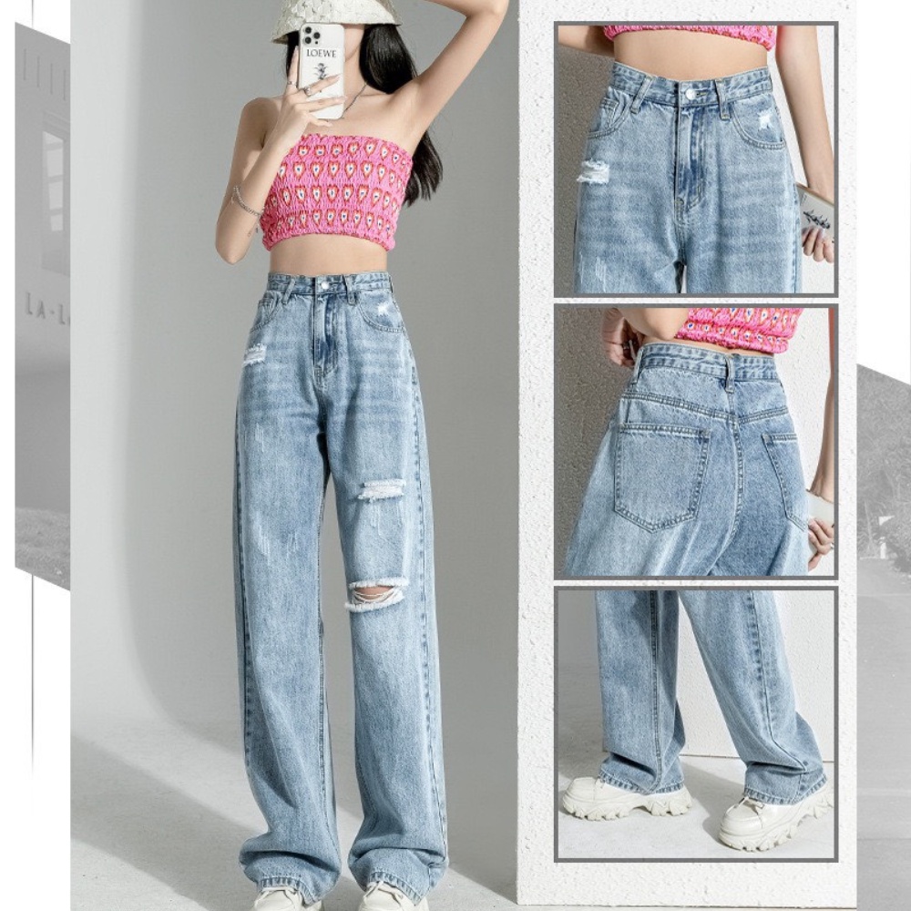 Quần Jean Nữ Ống Rộng Rách Gối Màu Xanh Basic Cạp Cao Hách Dáng Chất Bò Mềm Co Dãn QX03