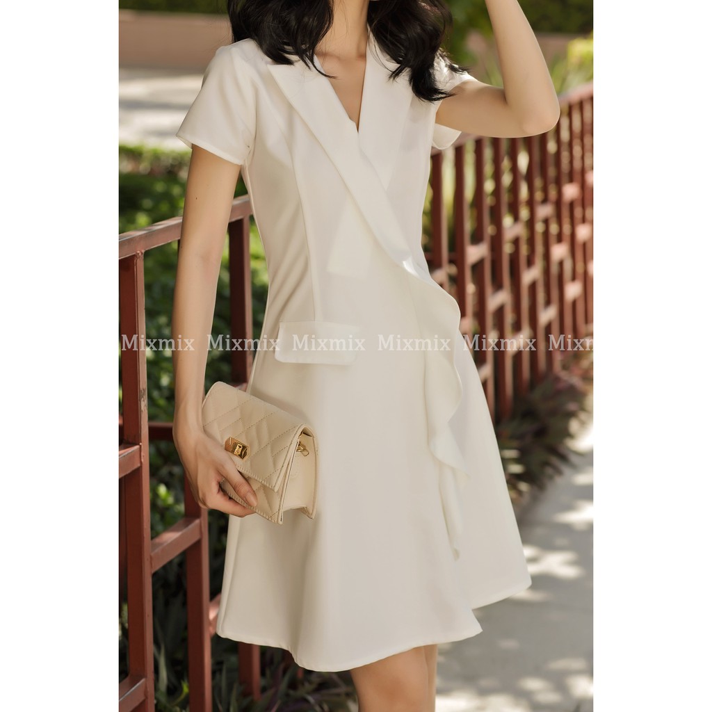 Đầm công sở Selina cổ Vest viền bèo màu trắng sang trọng - MIXMIX - Hàng thiết kế - Hình ảnh độc quyền shop tự chụp