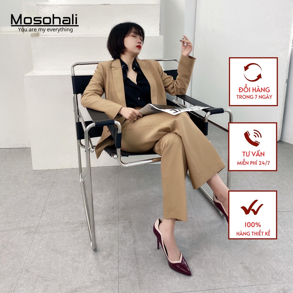 Set blazer nữ Nâu sang trọng Mosohali dáng ôm áo vest 1 khuy cùng quần tây set blazer nữ thiết kế thời trang công sở