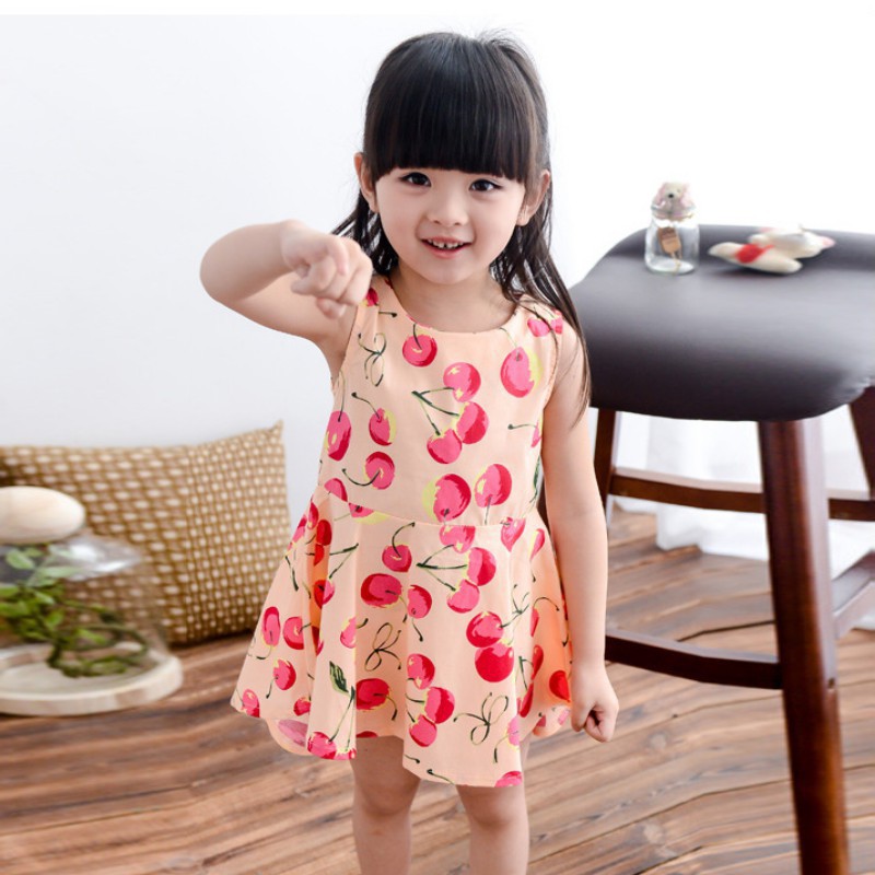 Đầm xòe không tay in hình quả anh đào dễ thương cho bé