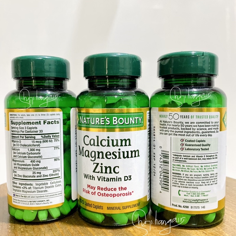 Nature’s Bounty Calcium Magnesium Zinc with D3 bổ sung Canxi magie kẽm ngừa loãng xương, giúp xương chắc khoẻ 100v từ Mỹ