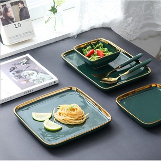 (sẵn hàng) bộ chén đĩa hình vuông màu xanh cổ vịt