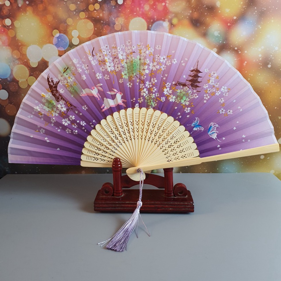 Quạt cổ trang dây tuyến hồng phủ hoa xếp cầm tay quà tặng xinh xắn phong cách Trung Quốc vải lụa