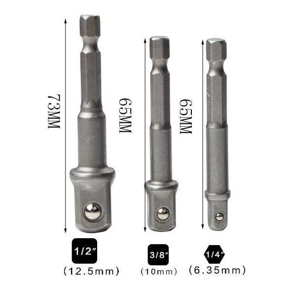 Đầu chuyển vít sang khẩu Bulong  3 kích cỡ 1/4 3/8 1/2  lắp cho máy khoan và máy bắt vít