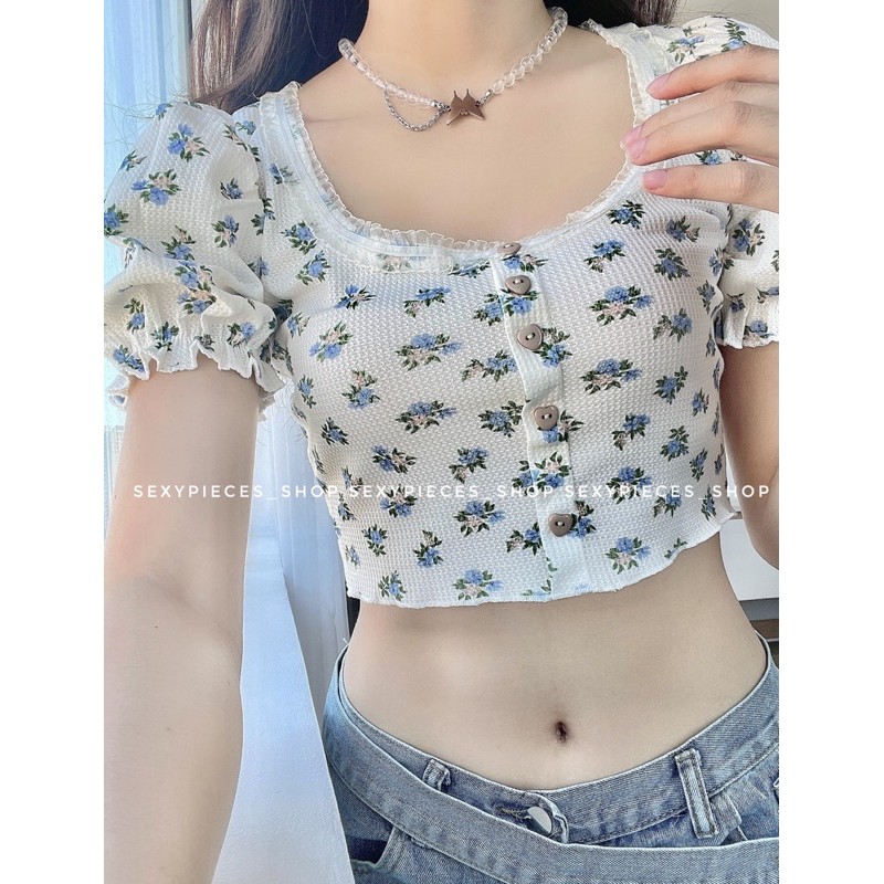 [ẢNH THẬT%]Áo croptop hoa nhí viền ren cổ-HÀNG CÓ SẴN