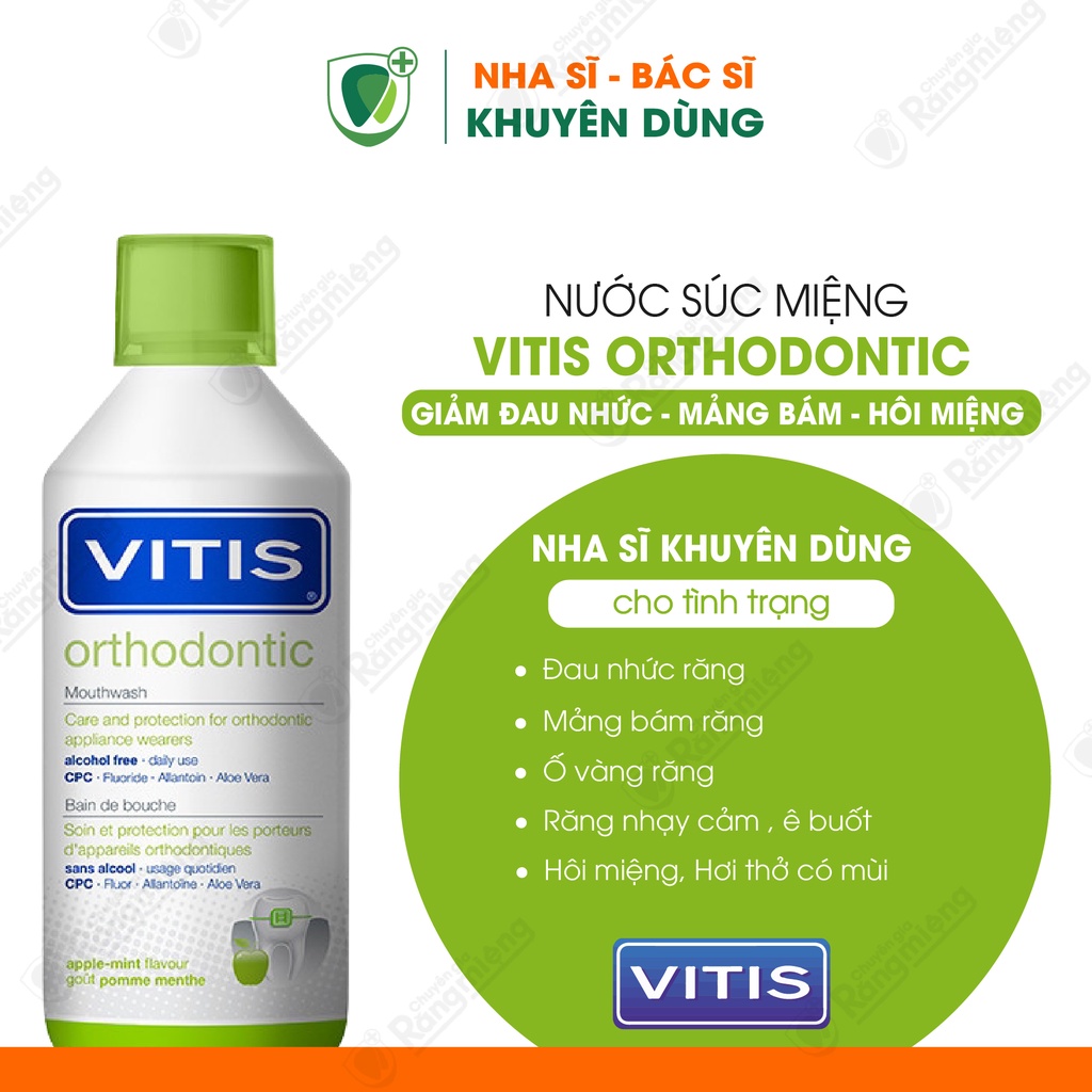 Nước súc miệng VITIS Orthodontic cho Răng niềng, Chỉnh nha, Sạch kẽ mắc cài, Ngừa mảng bám, Chai lớn 500ml