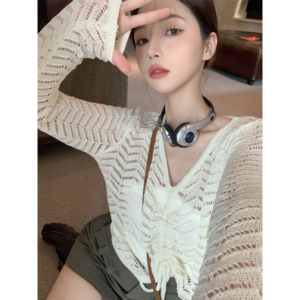 QKOOLE Áo croptop  dệt kim dáng rộng cổ chữ V phong cách Hàn Quốc thời trang cổ điển cho nữ