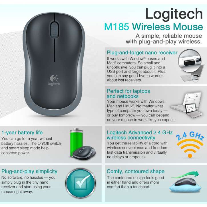 Chuột không dây Logitech M185 vs M186 dễ cầm nắm, bấm rất êm và nhạy, lướt chuột mượt mà, bảo hành 12 tháng