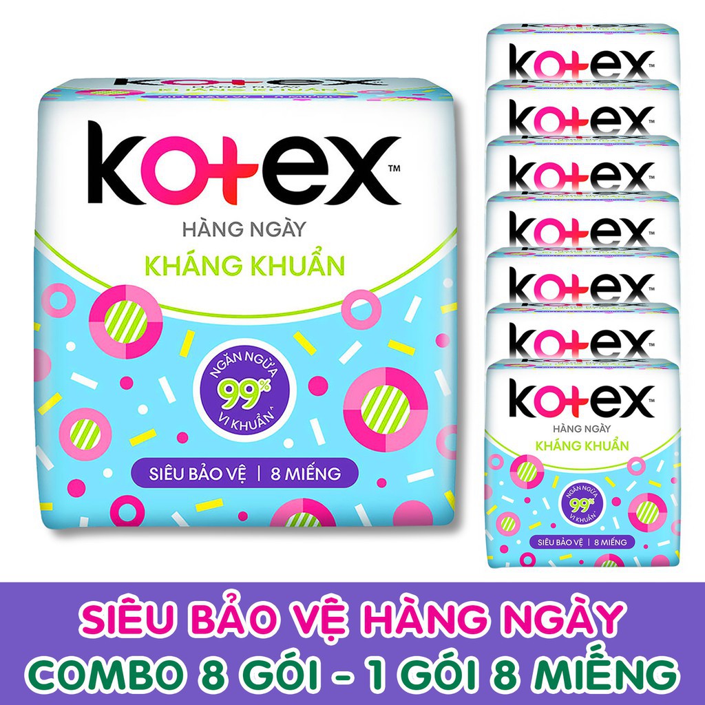 TẶNG 4 MIẾNG-(MIẾNG NHỎ) COMBO 8 GÓI BĂNG VỆ SINH KOTEX HÀNG NGÀY KHÁNG KHUẨN/HÀNG NGÀY SIÊU BẢO VỆ 8 MIẾNG/20