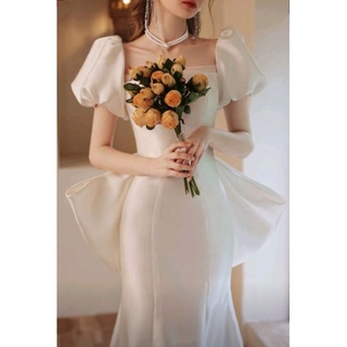  váy cưới satin chụp ảnh đi bàn kèm nơ bảng to ôm dáng thiết kế đuôi cá sang trọng 