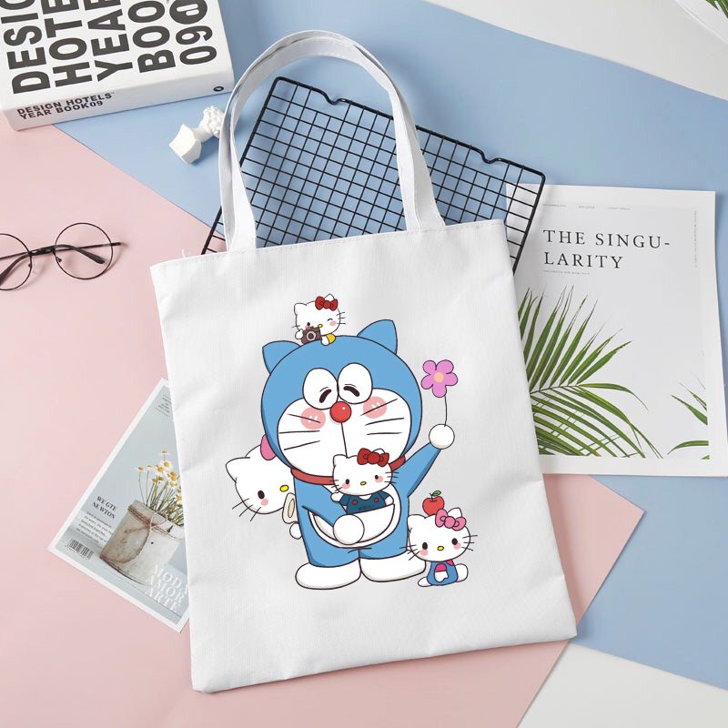 Túi tote vải trắng đeo vai DORAEMON CUTE MÈO MÁY THÔNG MINH phong cách in hình anime chibi dễ thương thời trang