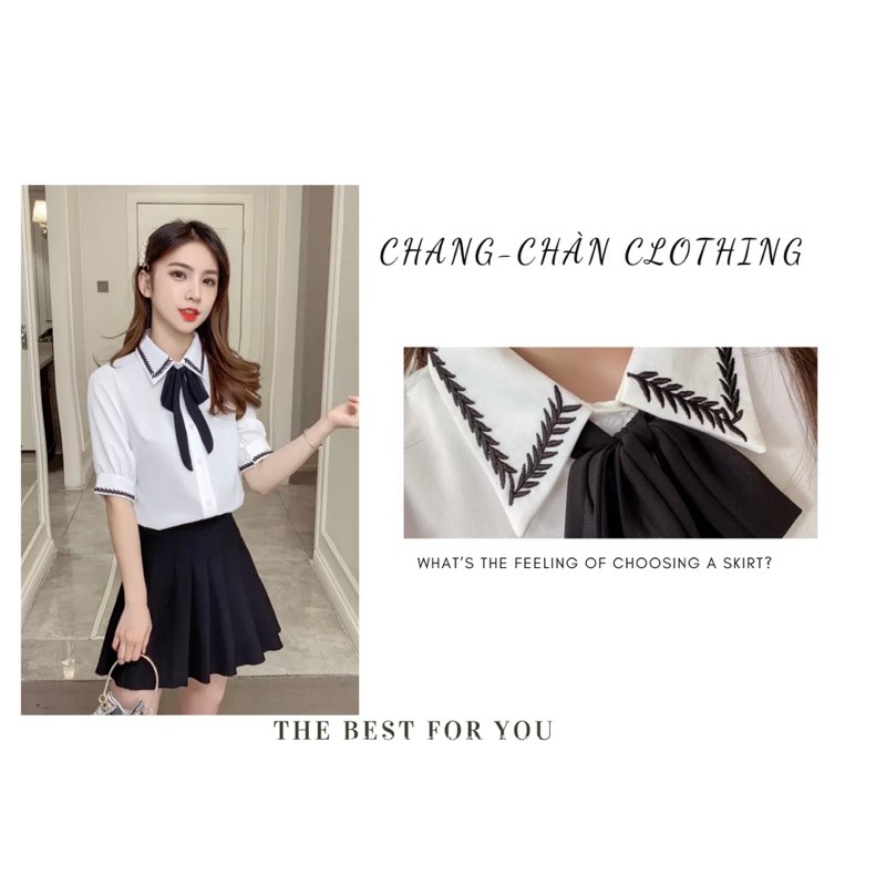 Áo sơ mi cột nơ - Áo sơ mi nữ tiểu thư thanh lịch tặng dây nơ đi kèm - sơ mi thêu họa tiết bông lúa bo tay và cổ áo