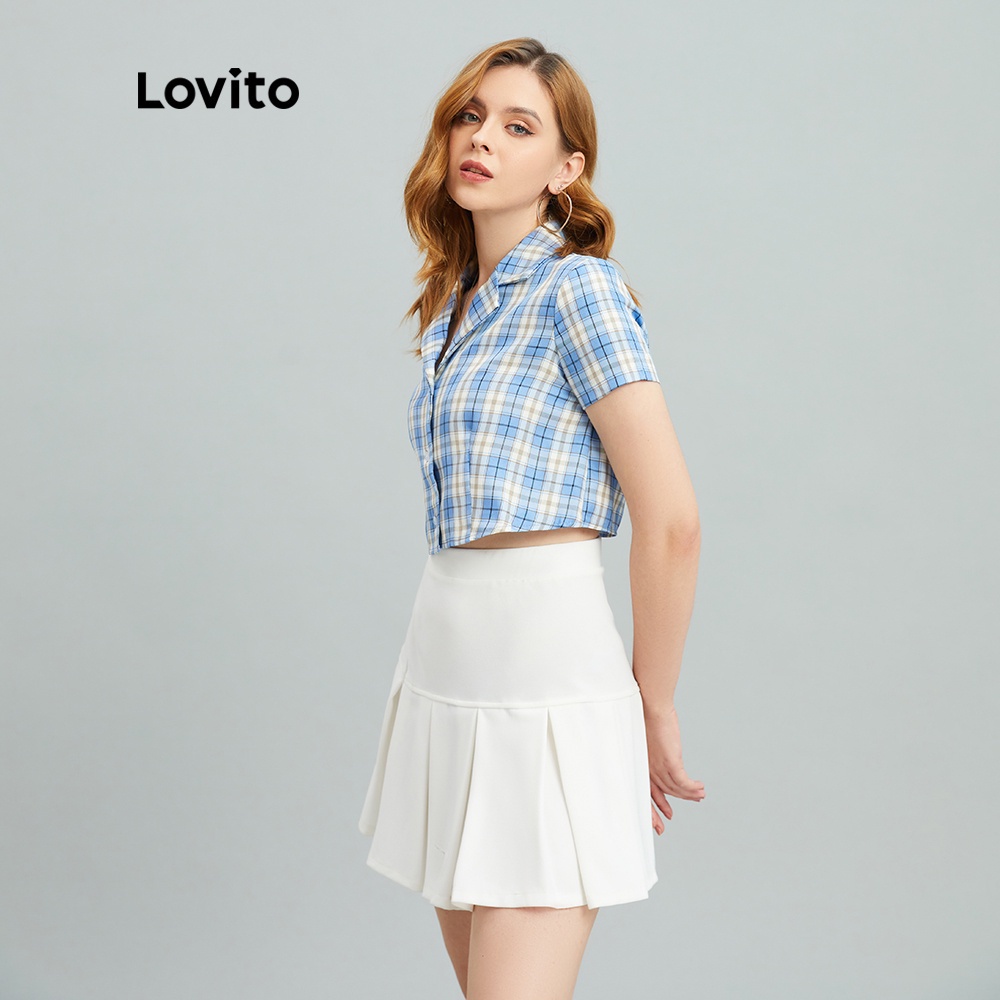 Áo kiểu Lovito kẻ sọc họa tiết tartan đính nút thời trang Preppy L10933 (màu xanh dương) | BigBuy360 - bigbuy360.vn