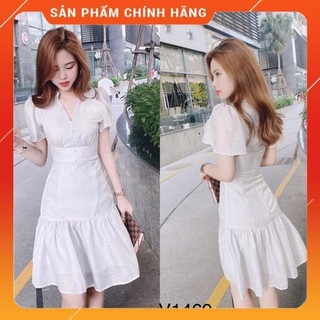 Váy trắng cổ tàu tay xòe V1469 -  DVC - Kèm ảnh thật trải sàn do shop tự chụp