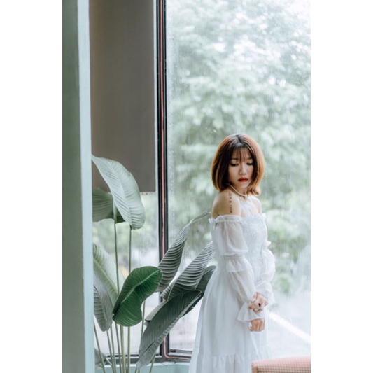 Váy trắng nữ,đầm trễ vai tay voan bánh bèo đi biển,du lịch,đi chơi HD7 | BigBuy360 - bigbuy360.vn