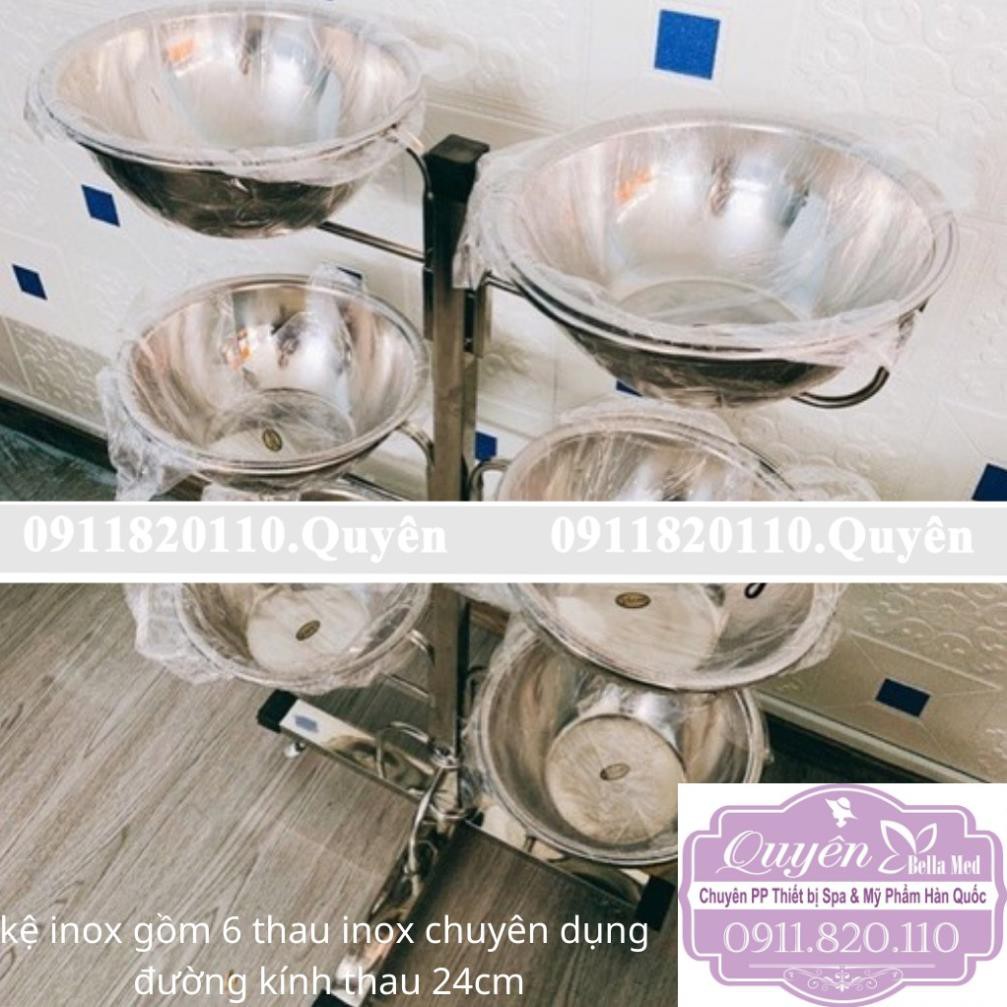 Kệ inox chuyên dụng dành cho spa, sản phẩm kệ inox kèm 6 thau inox, sản phẩm kệ inox kèm 12 thau nhựa thời trang