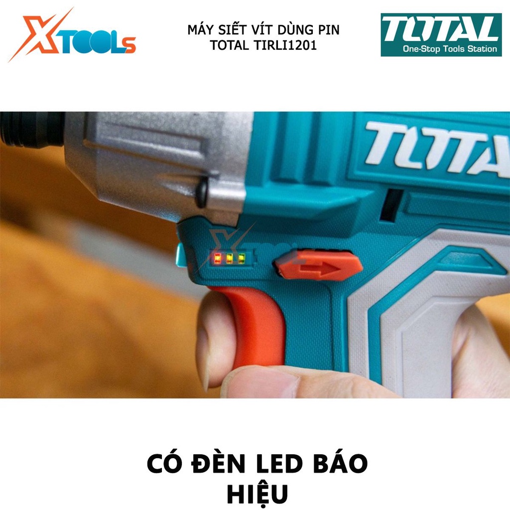 Máy bắn vít mini dùng pin 12v TOTAL TIRLI1201 điện áp sạc 220v tốc độ 2000v/p, tốc độ búa 2800ipm, đầu lục giác: 1/4&quot;