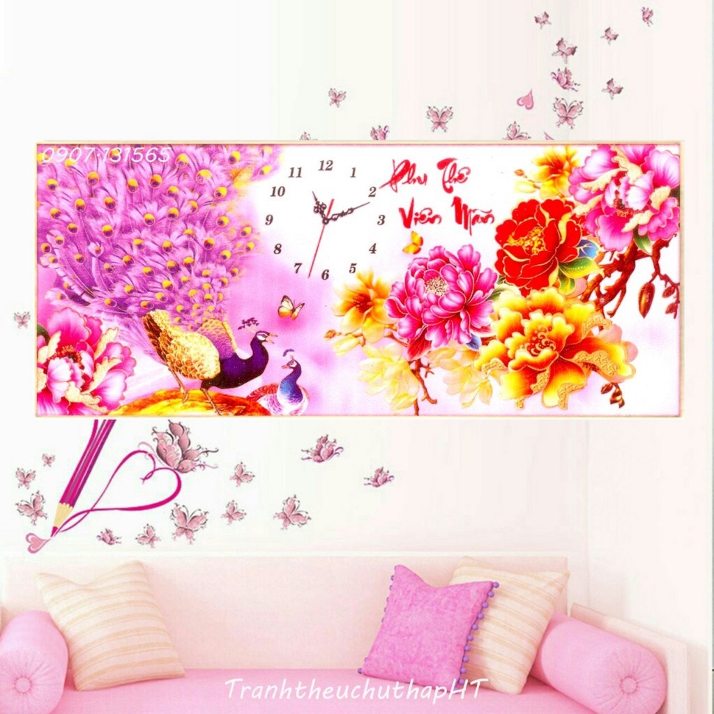 Tranh đính đá, tranh thêu chữ thập đồng hồ con công hoa mẫu đơn, phu thê viên mãn DF454 , LV3161  – Tự