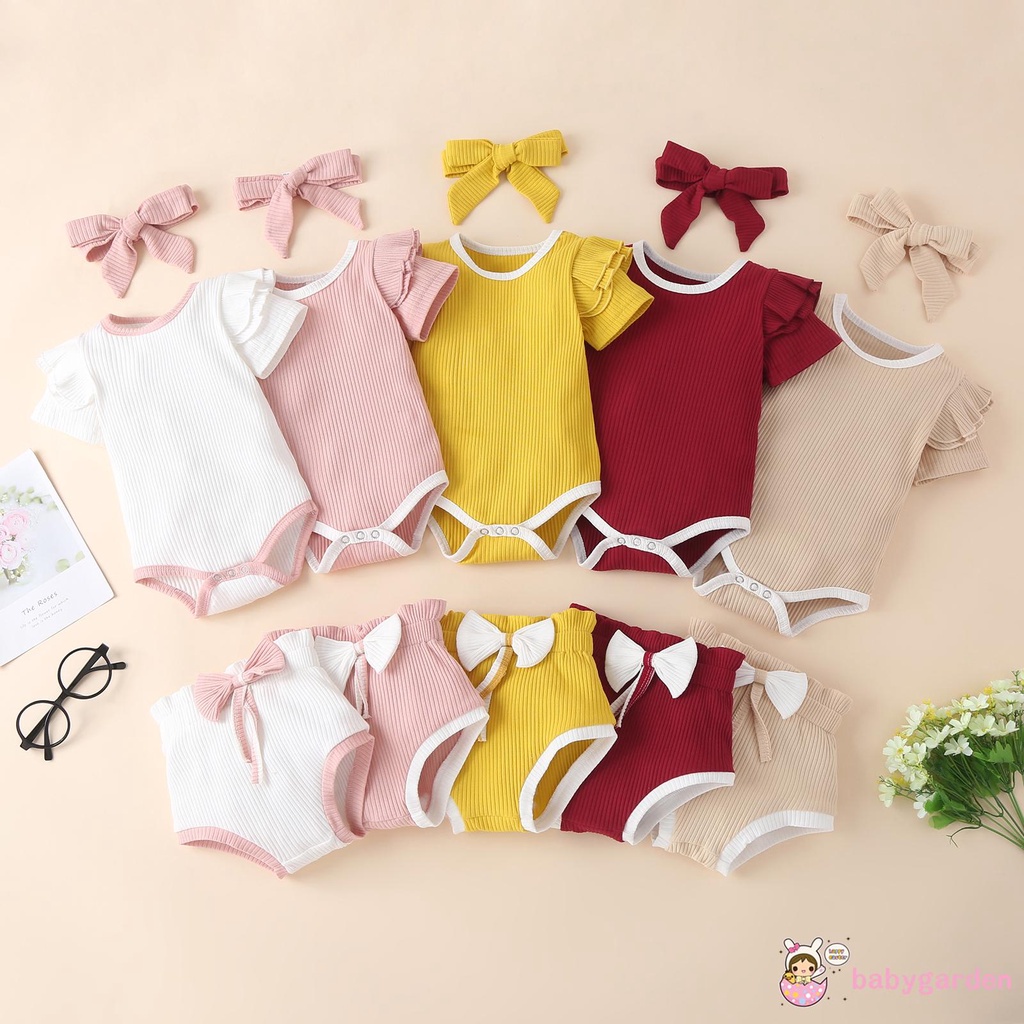 Áo liền quần cổ tròn tay ngắn + quần ngắn + băng đô nơ dành cho bé gái