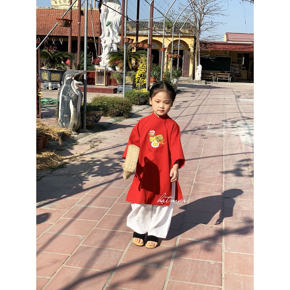 Áo dài Thanh Mai cho bé gái vải đũi mềm mại thêu hoa mai vàng xinh xắn (kèm quần đũi trắng)