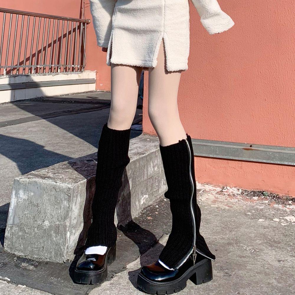 Vớ Dệt Kim Phối Khóa Kéo Màu Sắc Đơn Giản Phong Cách Gothic Harajuku WMES15H