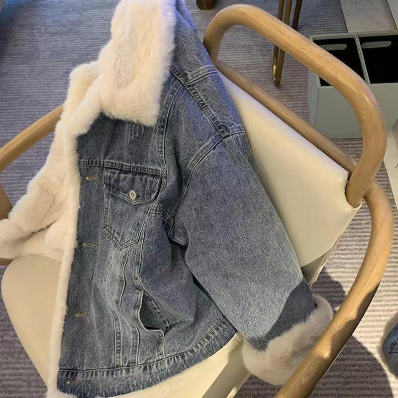 Áo Khoác Denim Lót Lông Cừu Dày Dặn Dáng Rộng Thời Trang Thu Đông Phong Cách Retro Mới Cho Nữ
