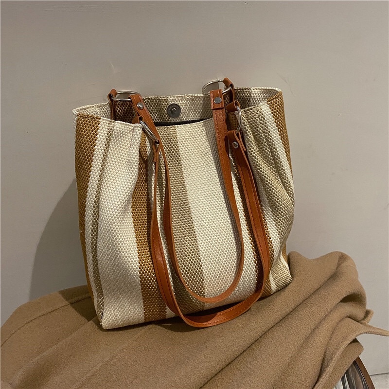 [SẴN xanh] Túi tote vải lanh sọc thanh lịch đi làm_phong cách Hàn Quốc nữ tính