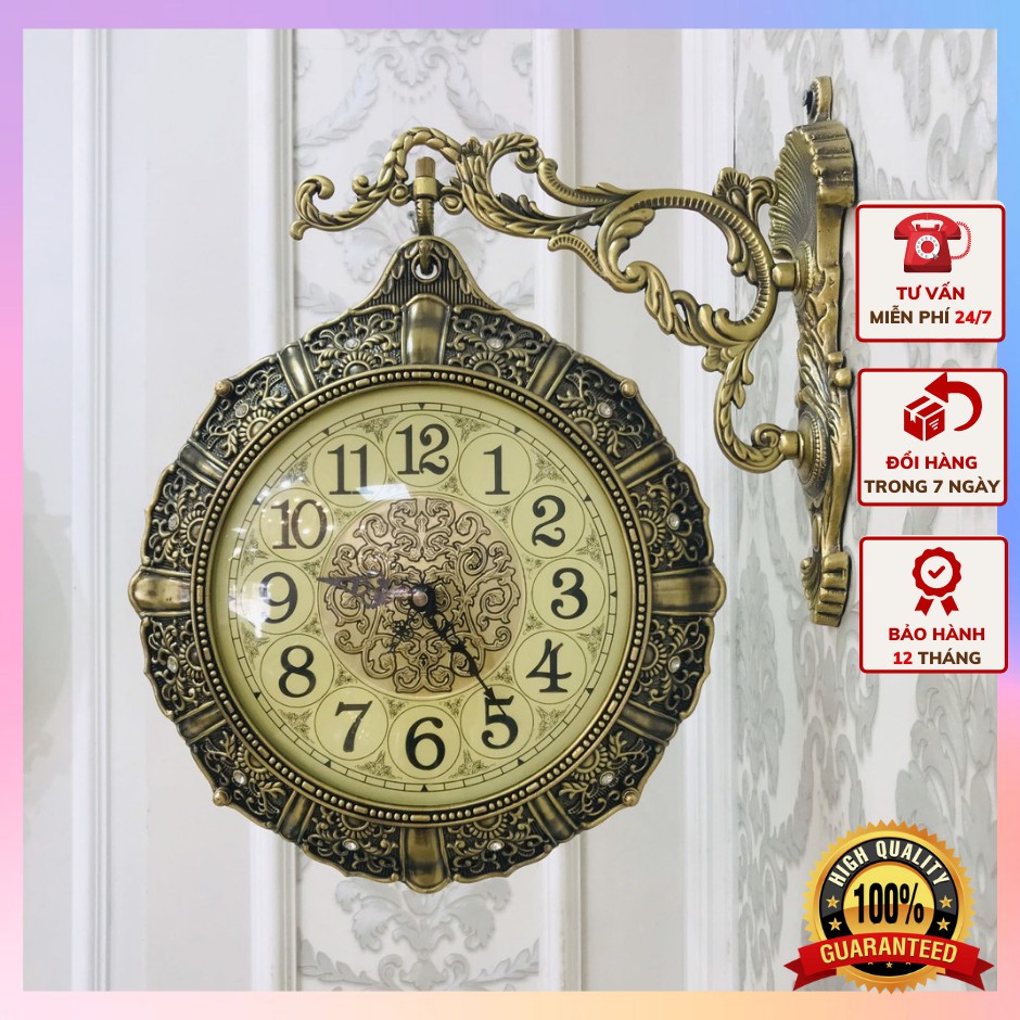 Đồng hồ treo tường TÂN CỔ ĐIỂN 2 mặt đúc nổi tinh xảo sang trọng DHTT19 - Đồng hồ chạy pin, kim trôi siêu tĩnh âm.