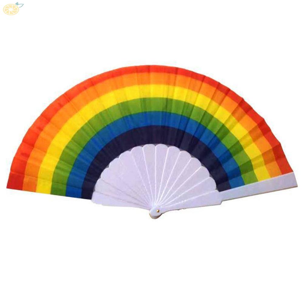 【VARSTR】Rainbow Folding Fan Rainbow Print Hand Held Fan White Base Pride Fan Fold