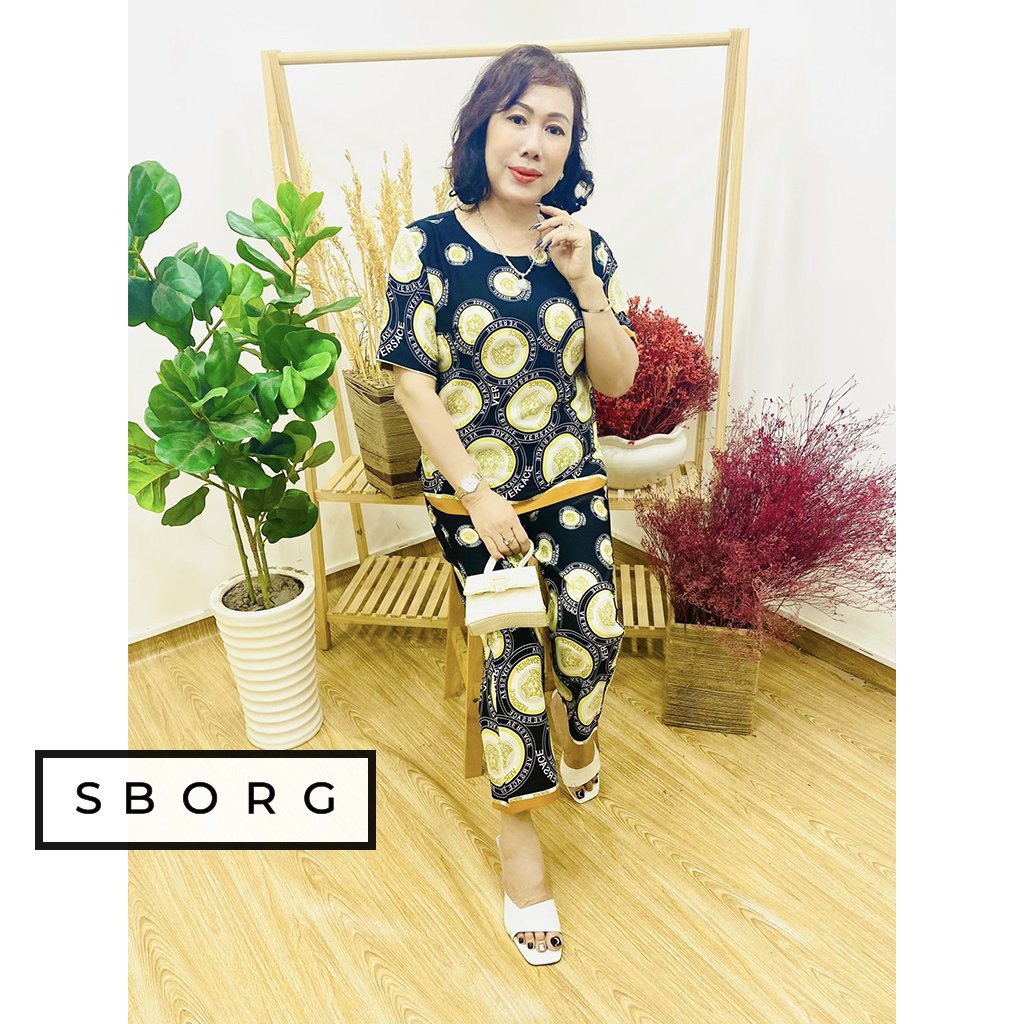 Đồ bộ trung niên SBORG bộ mặc nhà nữ áo cổ thuyền lụa hongkong sang trọng quần dài có túi bigsize 50-85kg quà tặng mẹ