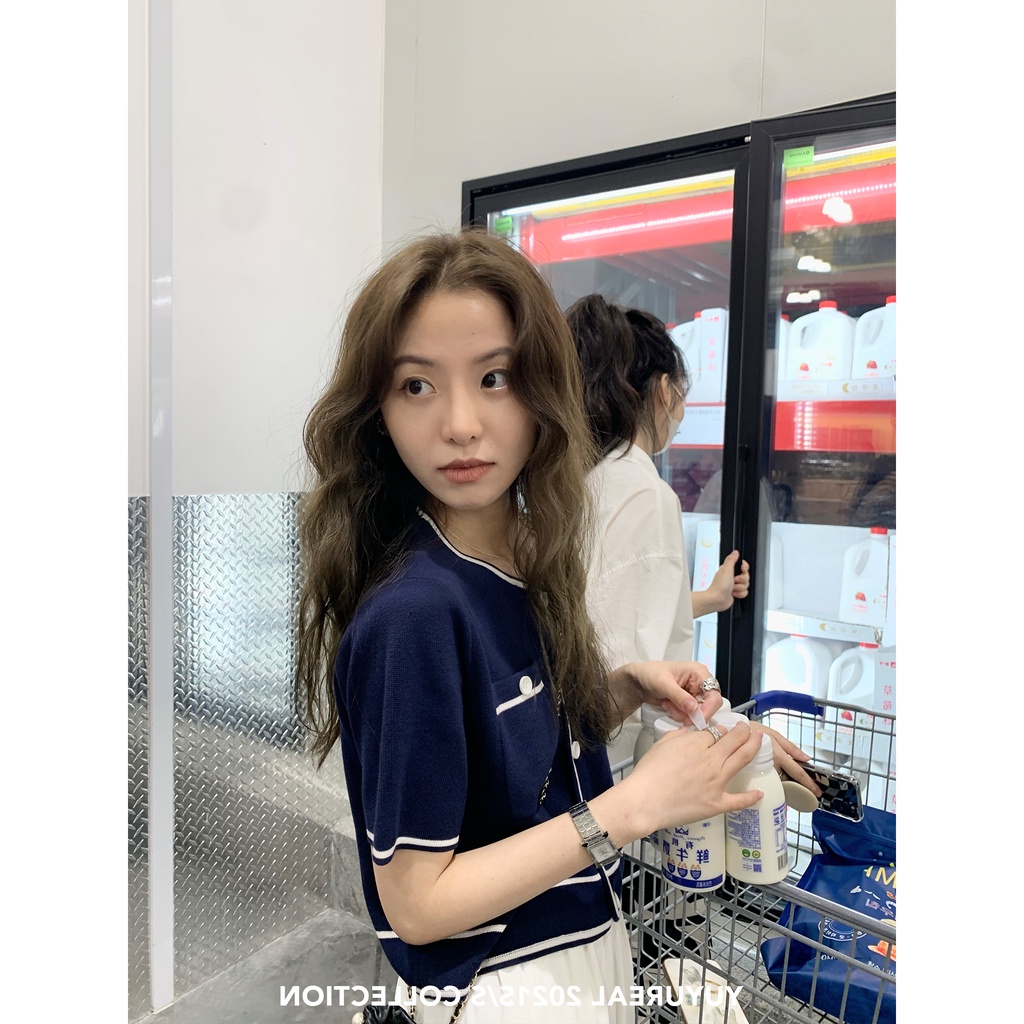 Xiaozhainv Áo Croptop Dệt Kim Tay Ngắn Phong Cách Pháp Cho Nữ